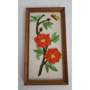 Vintage Felt Flower Art Colorful Orange Floral & Yellow Butterfly 10.76 X 5.75"
